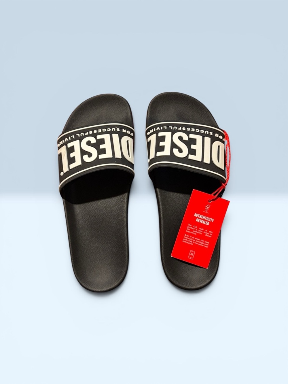 Diesel Black Slide Sandals with White Logo Strap